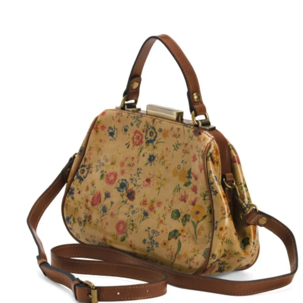 Patricia Nash Gracchi Prairie Rose Tan Framed Leather Satchel Xbody Floral